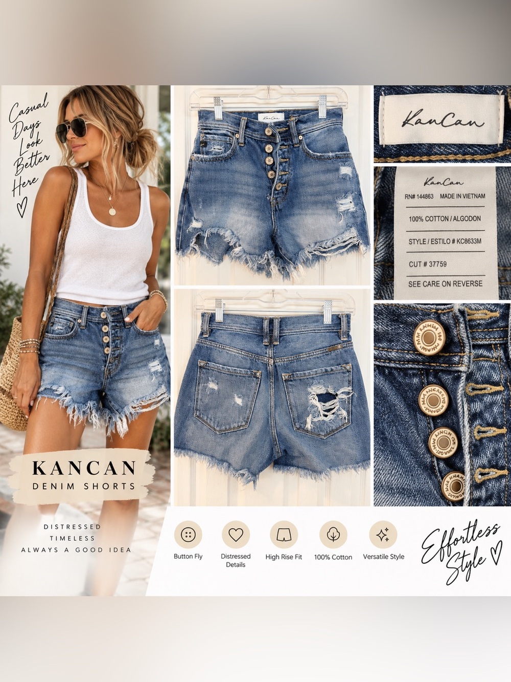 KanCan High Rise Distressed Denim Shorts Button Fly Frayed Hem